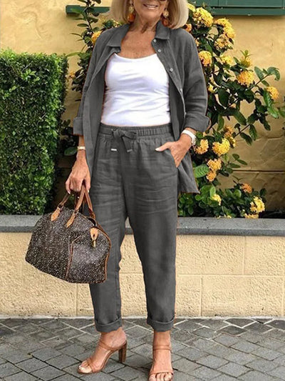 Solid Cotton-Linen Casual Women's Two-Piece Set