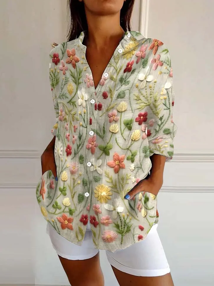 Women's Embroidered Floral Pattern Linen Blend Shirt