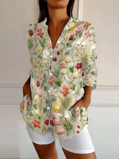 Women's Embroidered Floral Pattern Linen Blend Shirt