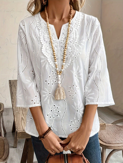 White Floral Embroidered Blouse with Split Detail
