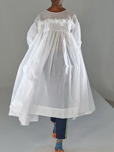 A-Line Mesh Pleated Midi Dress with Sheer Details