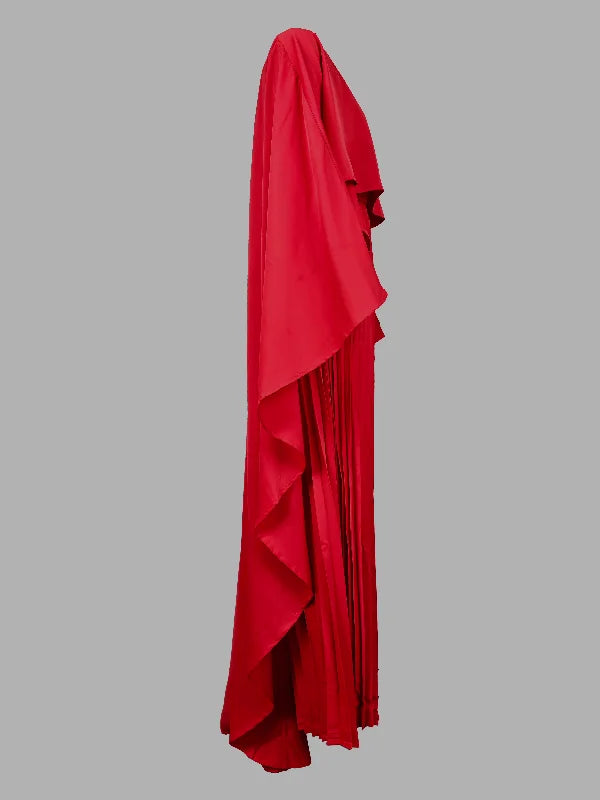 High-Low Cape Maxi Dress with Pleats & Round Neck