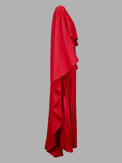 High-Low Cape Maxi Dress with Pleats & Round Neck