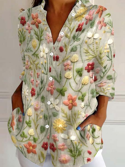 Women's Embroidered Floral Pattern Linen Blend Shirt