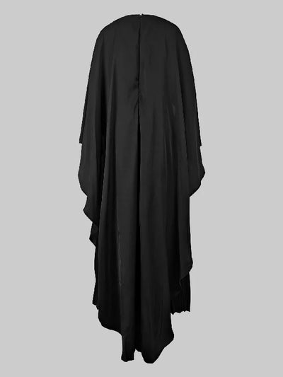 High-Low Cape Maxi Dress with Pleats & Round Neck