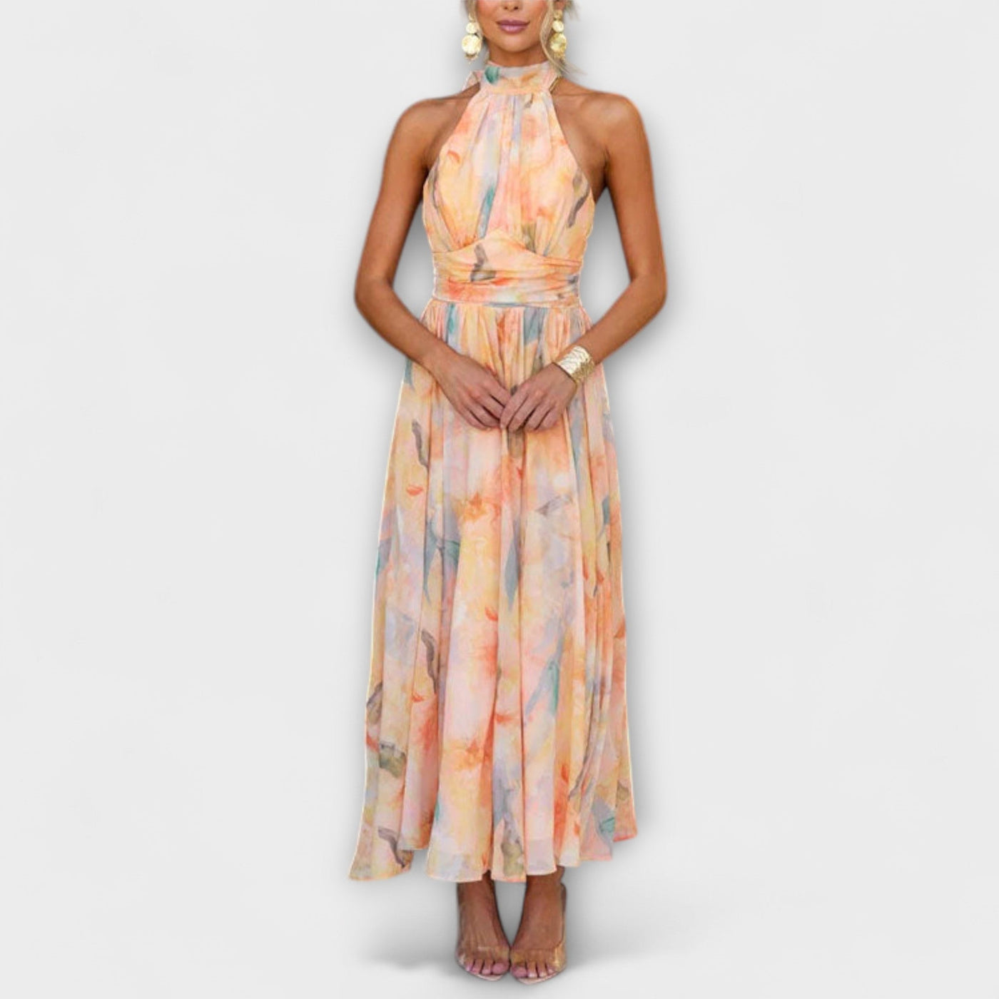 Maxi-jurk met halternek en aquarelprint