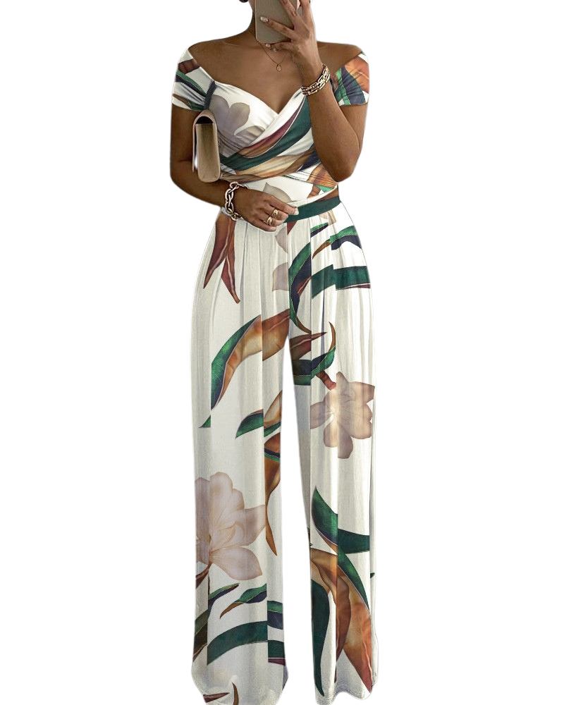 Women's Tropical Print Off-Shoulder Wide-Leg Jumpsuit