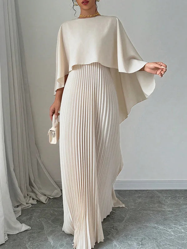 High-Low Cape Maxi Dress with Pleats & Round Neck