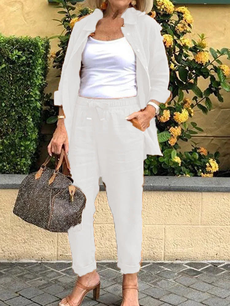 Solid Cotton-Linen Casual Women's Two-Piece Set