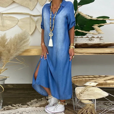 Lea™ | Lange Jurk in Denimlook met Zijsplit