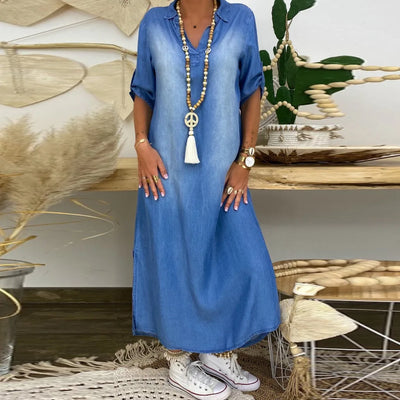 Lea™ | Lange Jurk in Denimlook met Zijsplit