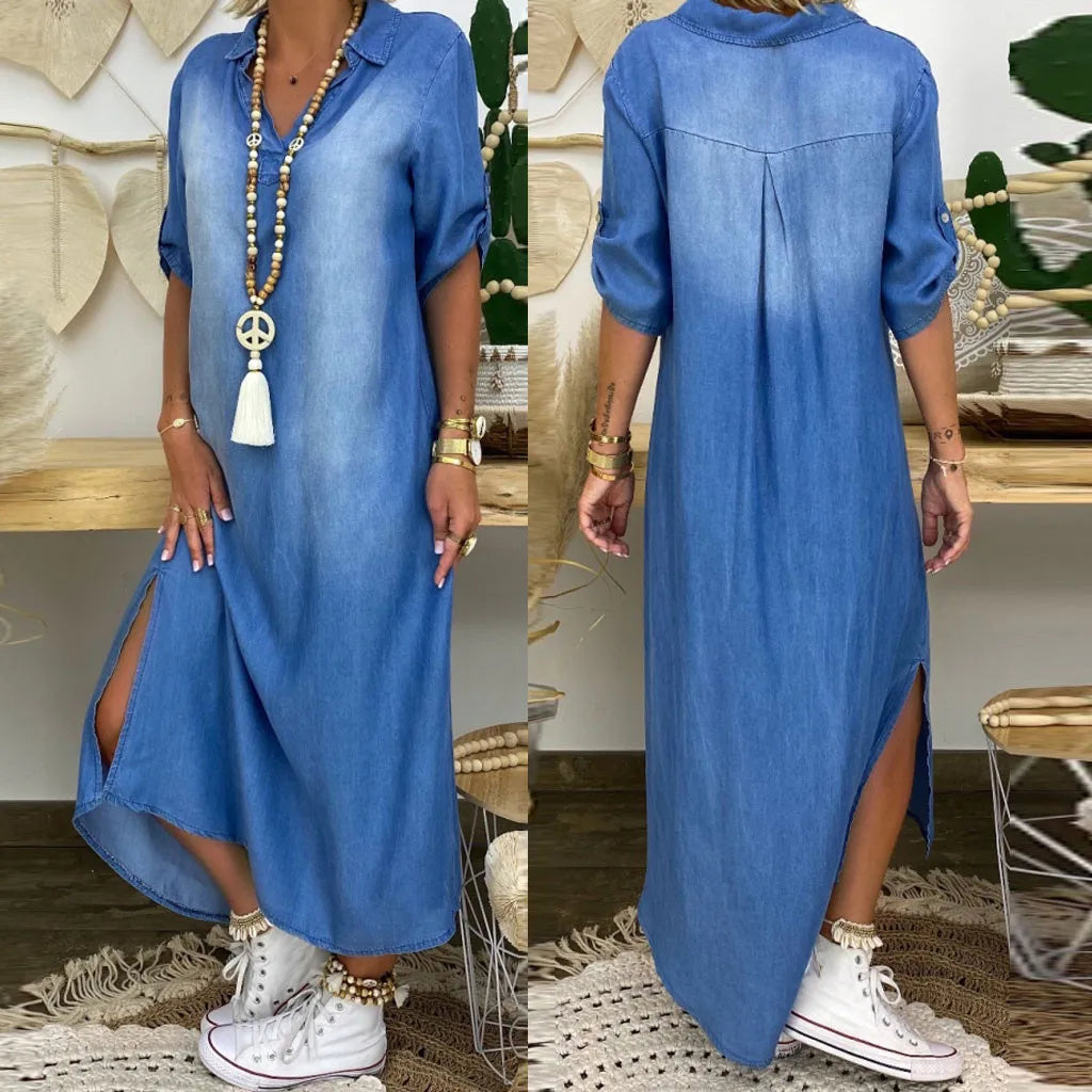 Lea™ | Lange Jurk in Denimlook met Zijsplit