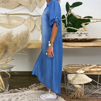 Lea™ | Lange Jurk in Denimlook met Zijsplit