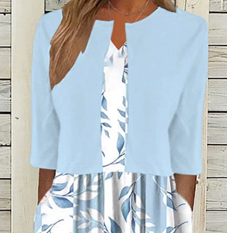 Blue Plant Print Midi Dress with Matching Jacket