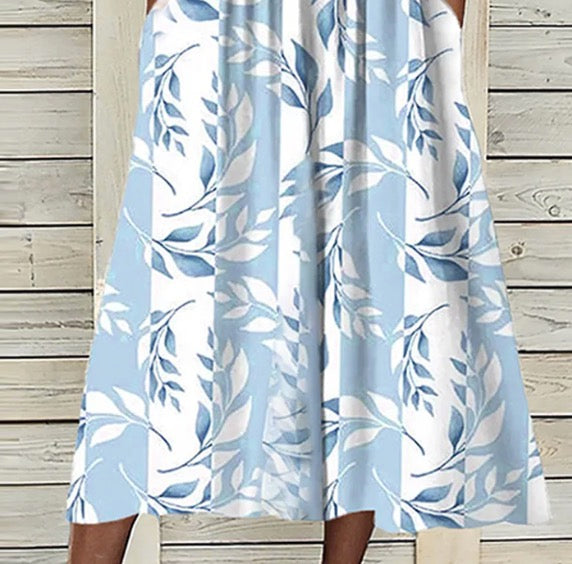 Blue Plant Print Midi Dress with Matching Jacket