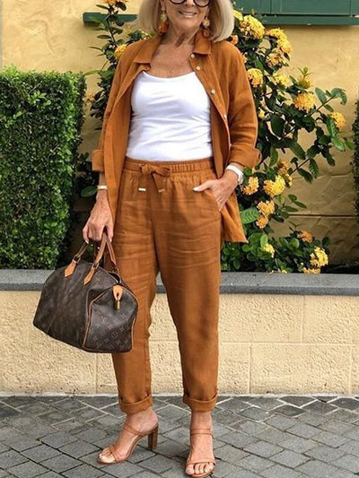 Solid Cotton-Linen Casual Women's Two-Piece Set