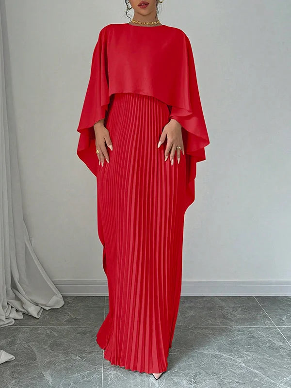 High-Low Cape Maxi Dress with Pleats & Round Neck