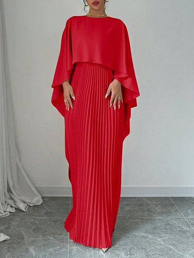 High-Low Cape Maxi Dress with Pleats & Round Neck