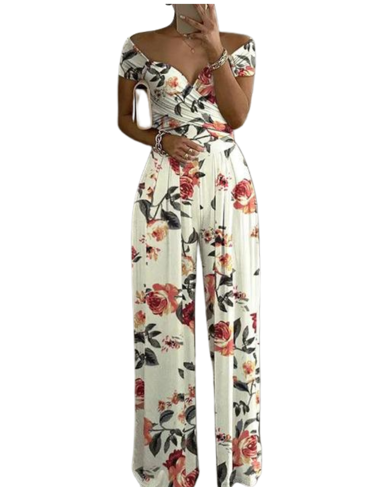 Women's Tropical Print Off-Shoulder Wide-Leg Jumpsuit