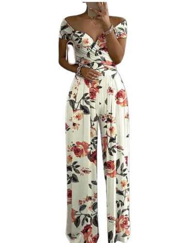 Women's Tropical Print Off-Shoulder Wide-Leg Jumpsuit