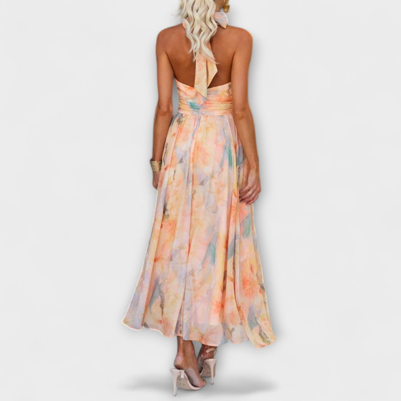 Maxi-jurk met halternek en aquarelprint