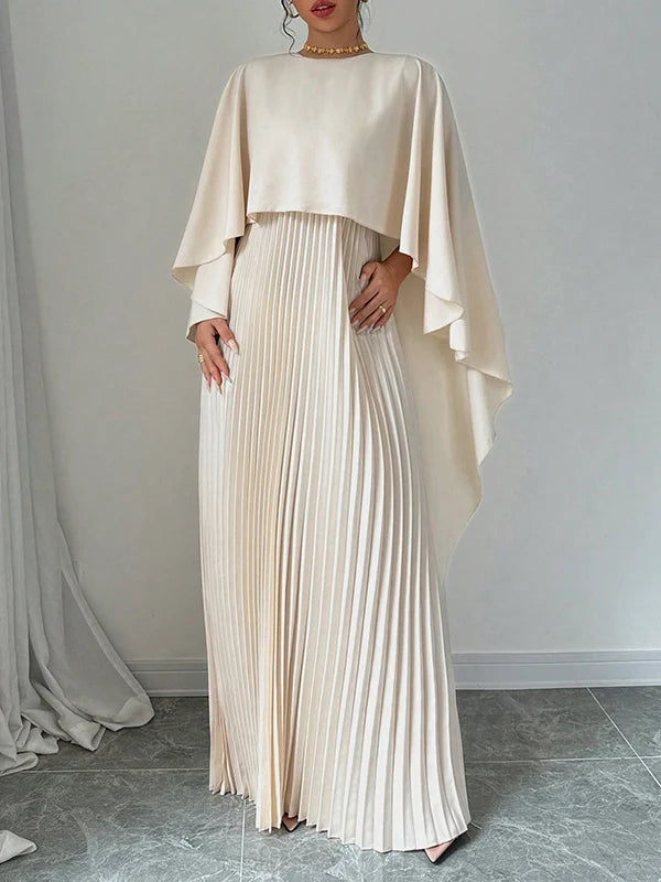 High-Low Cape Maxi Dress with Pleats & Round Neck