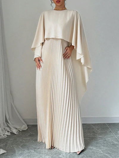High-Low Cape Maxi Dress with Pleats & Round Neck