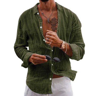Men's Casual Solid Colour Lapel Cotton Linen Long-Sleeved Shirt