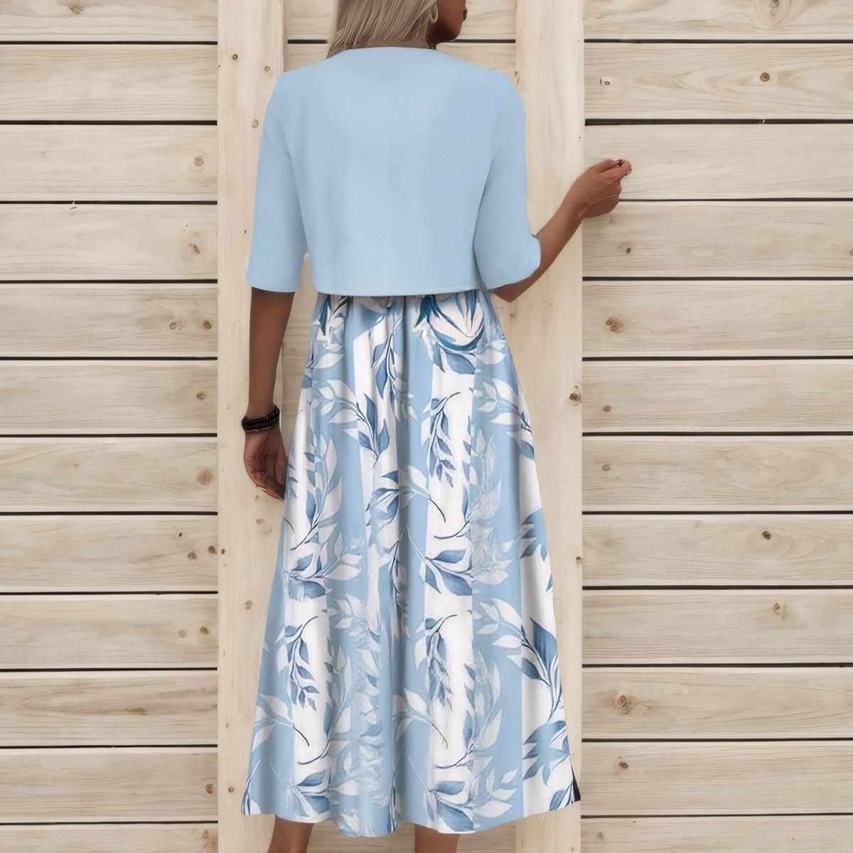 Blue Plant Print Midi Dress with Matching Jacket