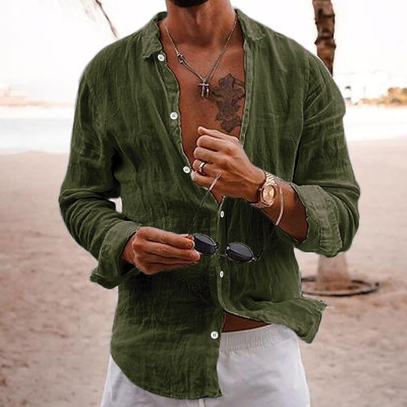 Men's Casual Solid Colour Lapel Cotton Linen Long-Sleeved Shirt