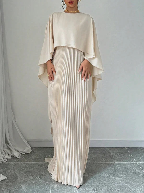 High-Low Cape Maxi Dress with Pleats & Round Neck