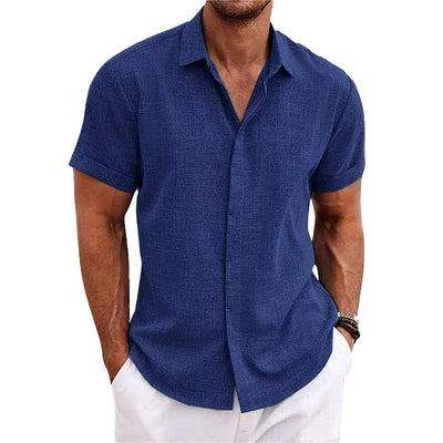 Men's Solid Colour Lapel Cotton Linen Short Sleeve Shirt