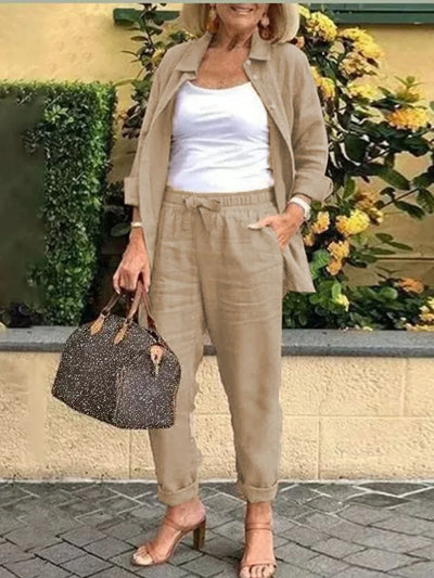 Solid Cotton-Linen Casual Women's Two-Piece Set