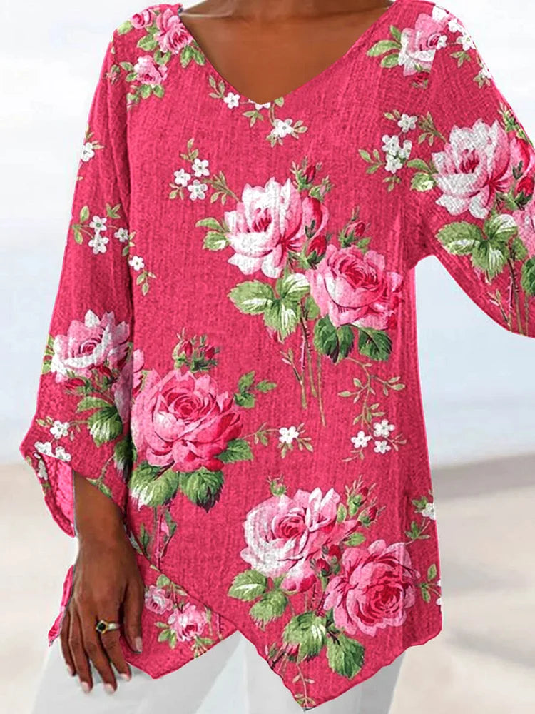Women's Rose Floral Cotton-Linen V-Neck Top
