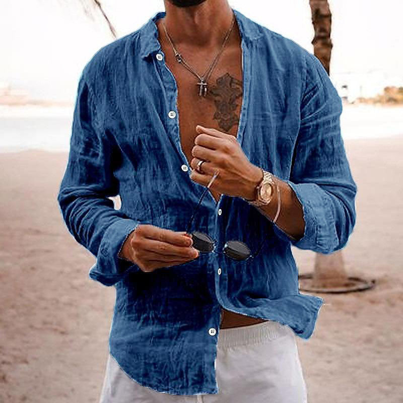 Men's Casual Solid Colour Lapel Cotton Linen Long-Sleeved Shirt