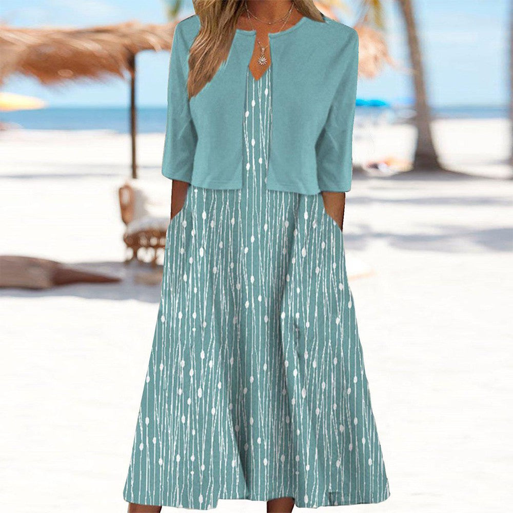 Fresh Print V-Neck Midi Dress with Jacket