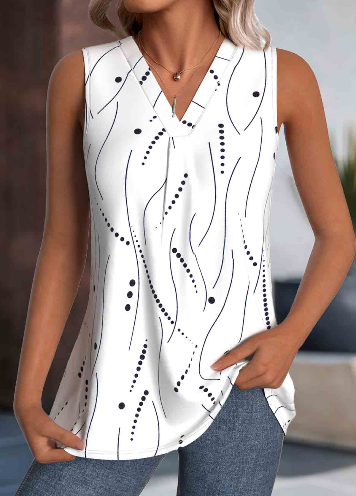 White Lightweight Polka Dot Sleeveless V-Neck Tank Top