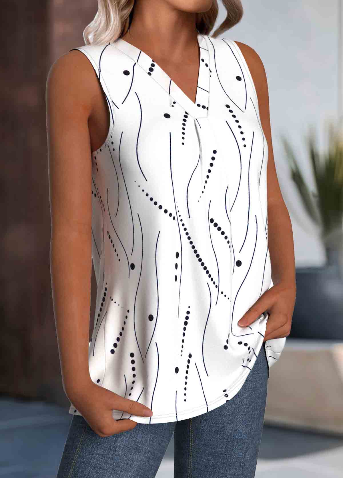 White Lightweight Polka Dot Sleeveless V-Neck Tank Top