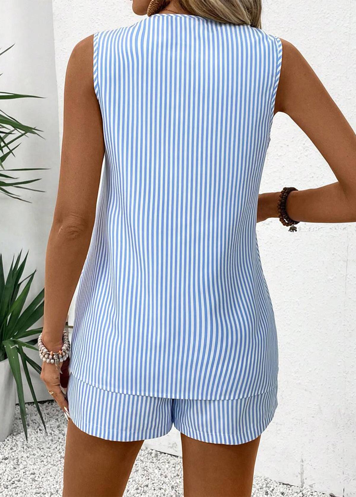 Sky Blue Eyelet Striped Sleeveless Co-ord Set