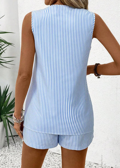 Sky Blue Eyelet Striped Sleeveless Co-ord Set