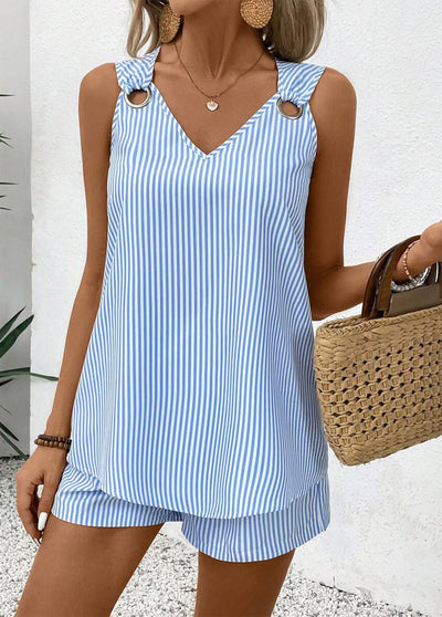 Sky Blue Eyelet Striped Sleeveless Co-ord Set