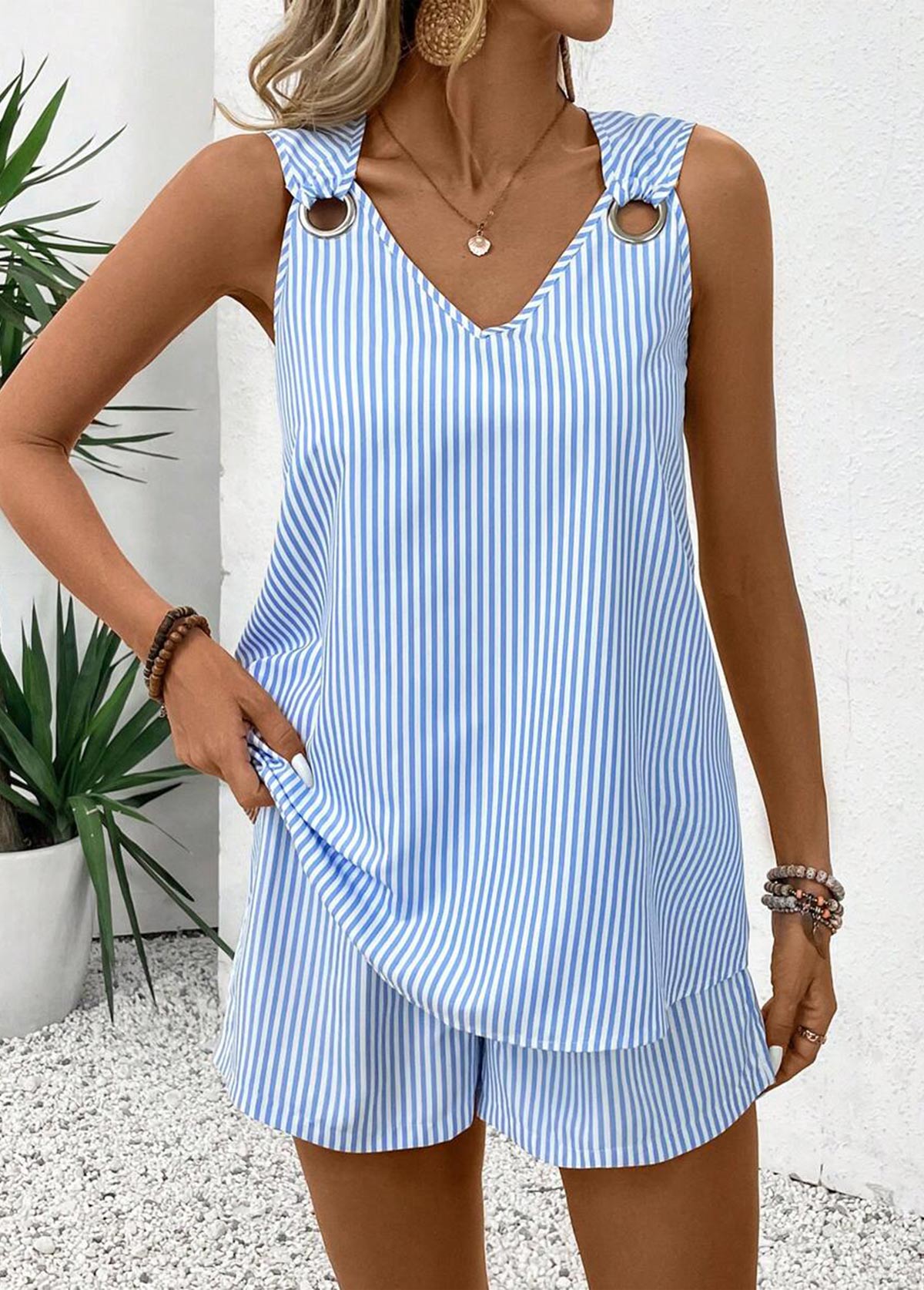Sky Blue Eyelet Striped Sleeveless Co-ord Set