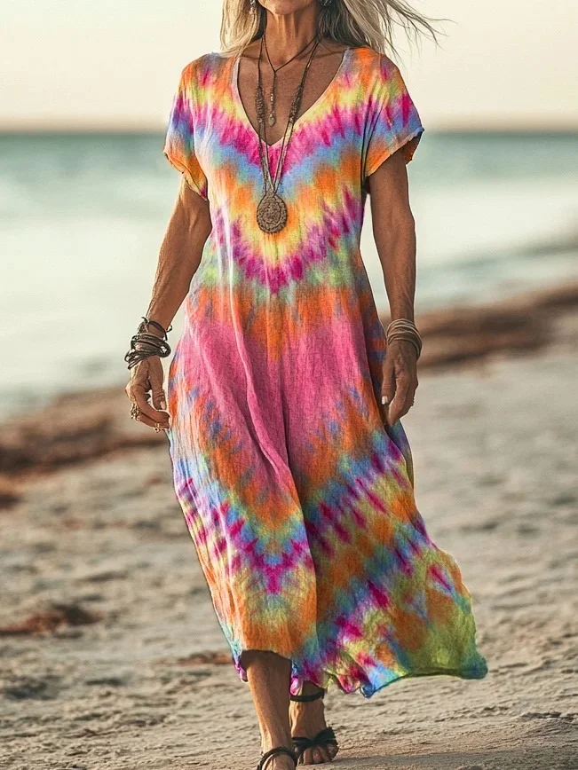 Retro Love Hearts Tie-Dye Cotton Dress