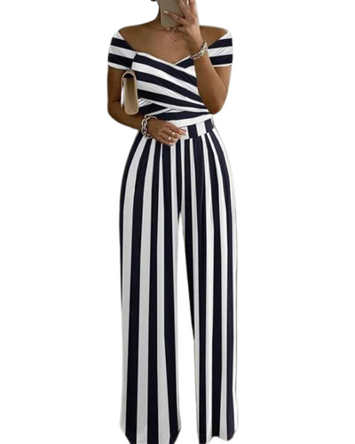 Women's Tropical Print Off-Shoulder Wide-Leg Jumpsuit