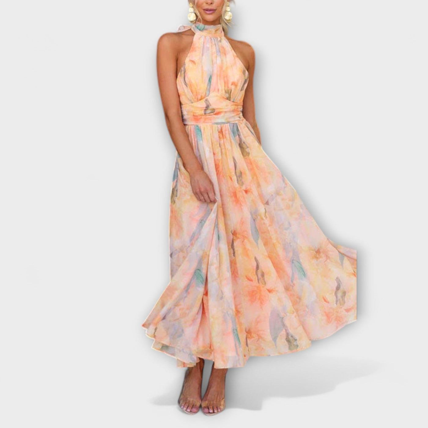 Maxi-jurk met halternek en aquarelprint