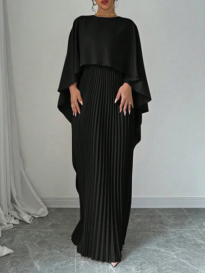 High-Low Cape Maxi Dress with Pleats & Round Neck