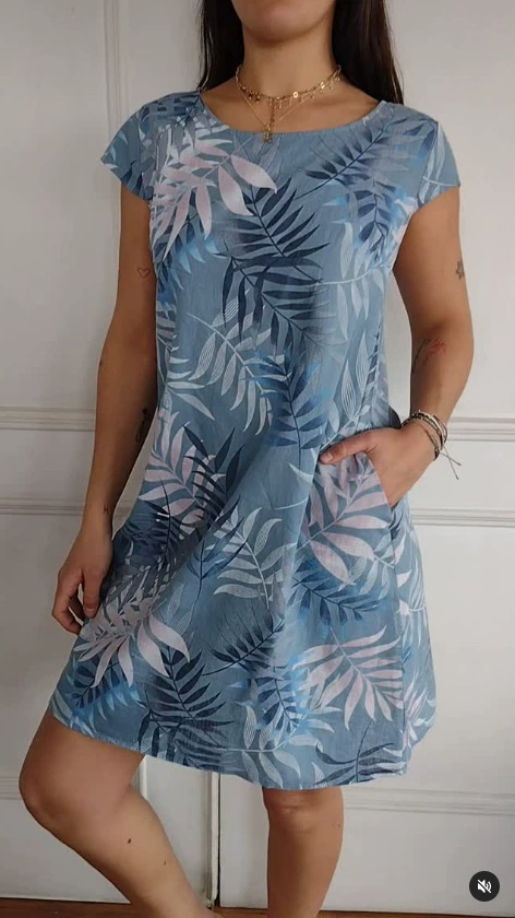 Women's Cotton and Linen Round Neck Printed Dress