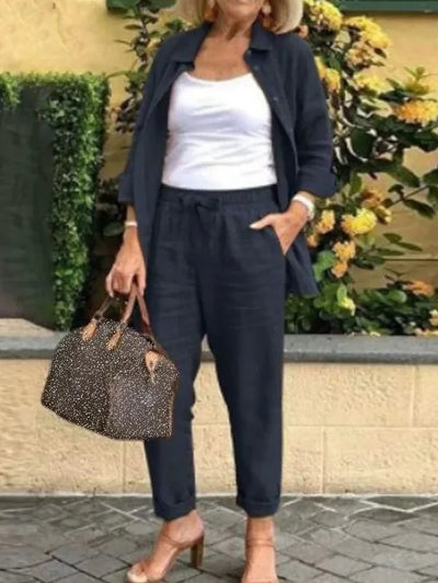 Solid Cotton-Linen Casual Women's Two-Piece Set