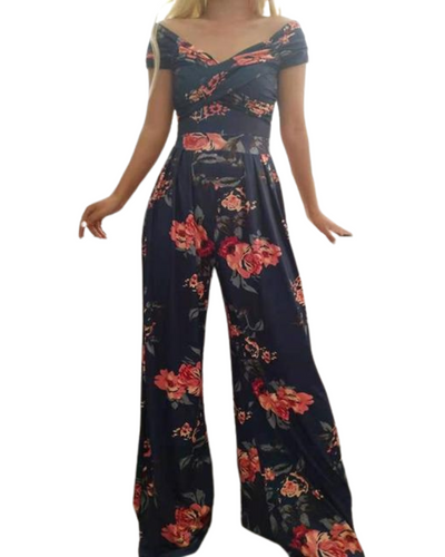 Women's Tropical Print Off-Shoulder Wide-Leg Jumpsuit