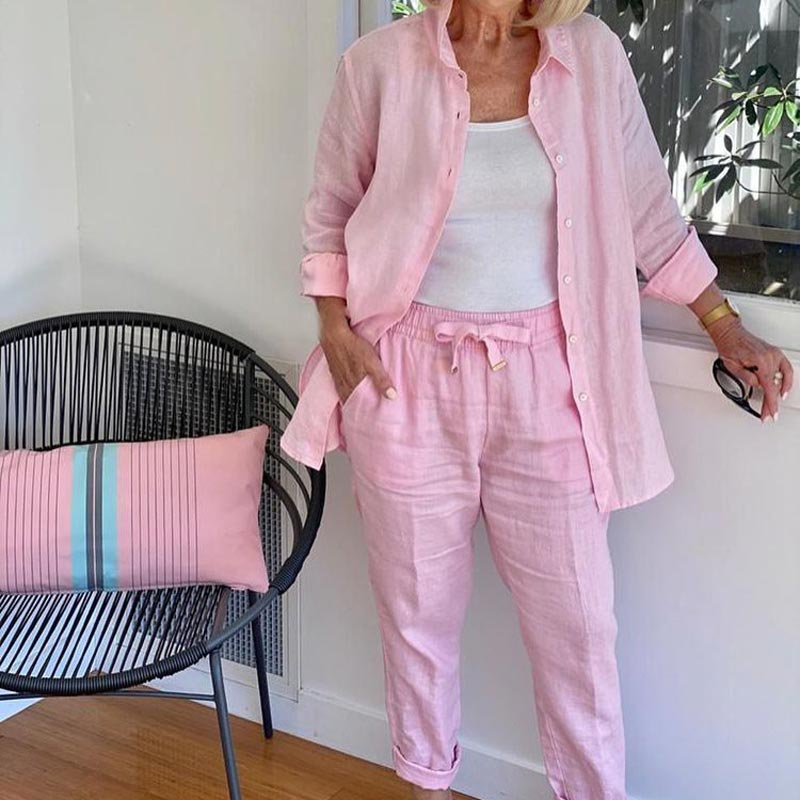 Solid Cotton-Linen Casual Women's Two-Piece Set